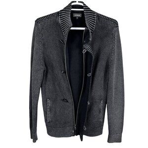 Vintage Express Mens L Black Gray Ribbed Knit Jacket Heavyweight Sweater Preppy